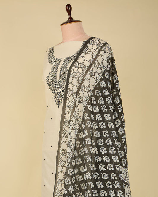 Off-White & Black Maheshwari Suit with Resham and Zari Embroidery