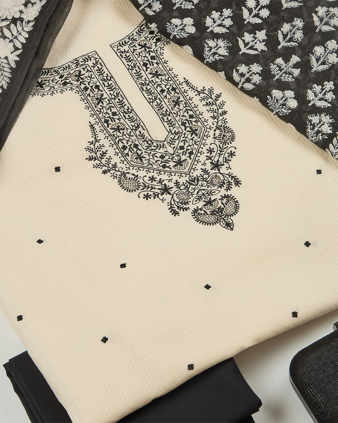Off-White & Black Maheshwari Suit with Resham and Zari Embroidery