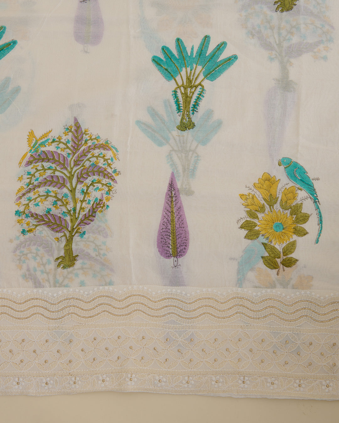 Chanderi block printed kurta with thread and zari embroidery in daman, organza printed dupatta, plain cotton silk bottom, off white lilac