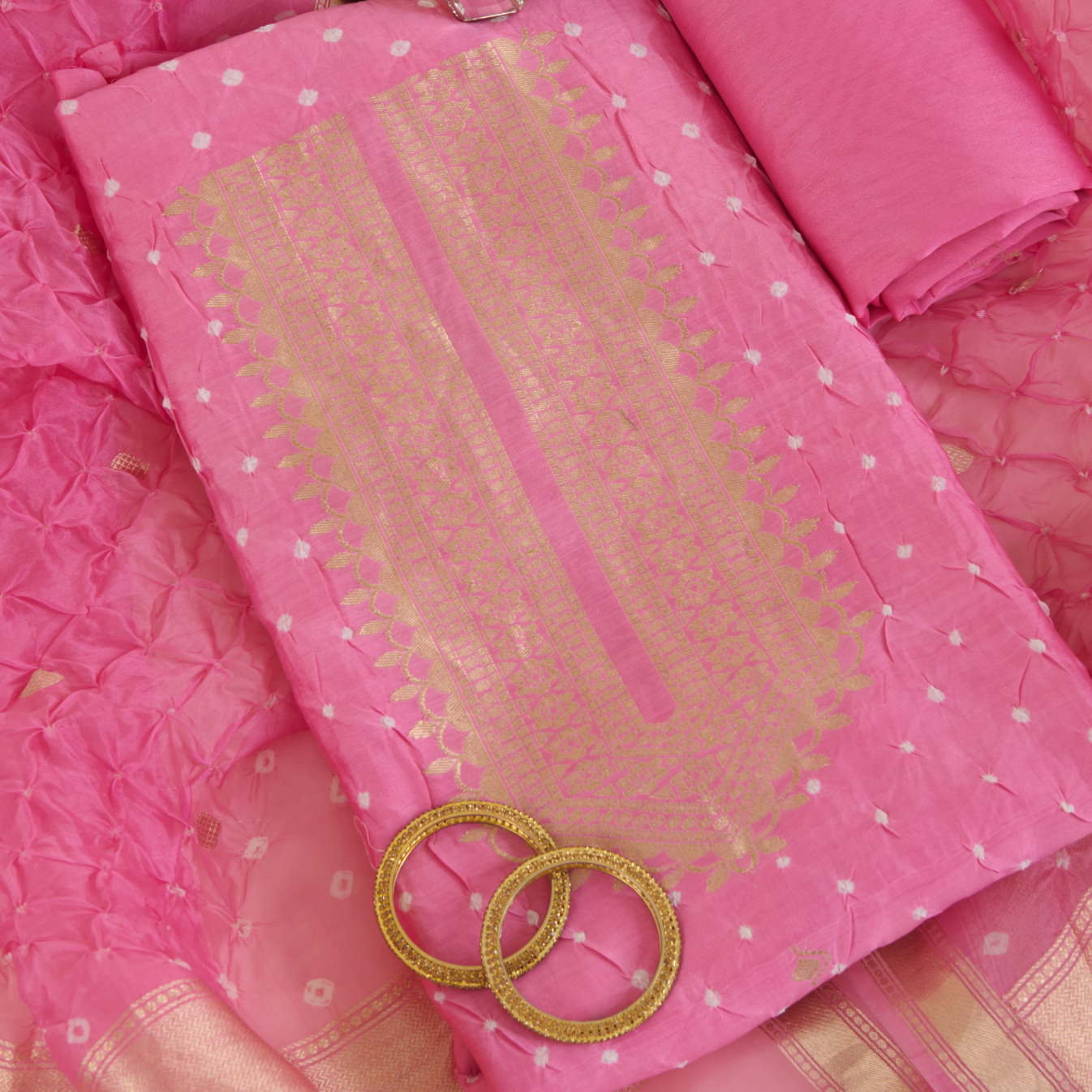 Pink Chiniya Silk Bandhej Hand Woven Suit with Organza Dupatta
