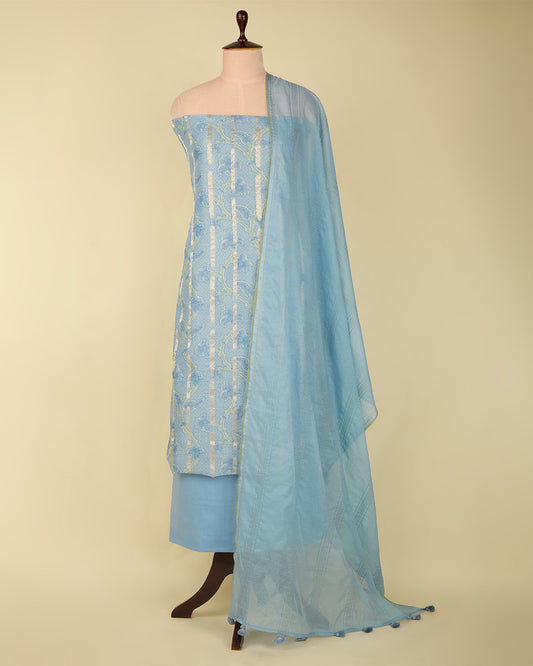 Powder Blue Fine Chanderi Suit with Digital Print and Zari Embroidery