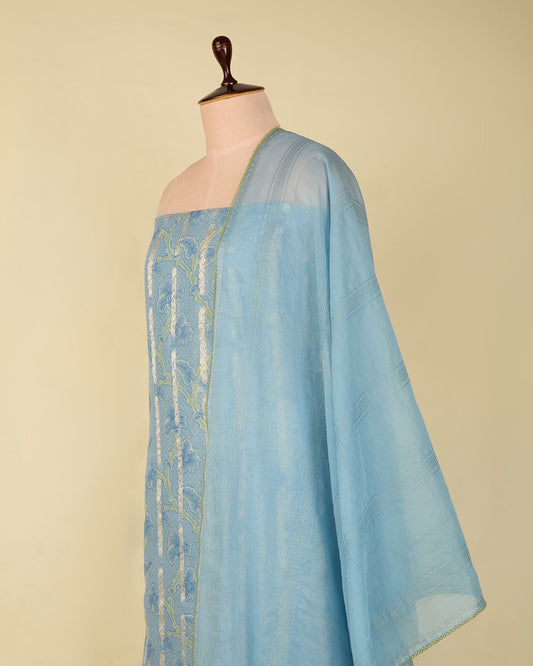 Powder Blue Chanderi Digital Printed Suit with Zari Embroidery