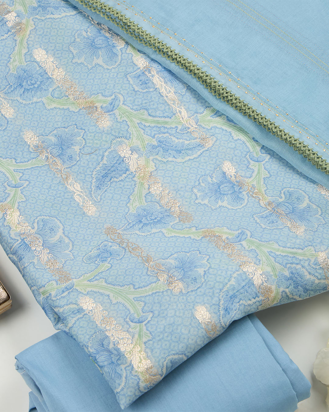 Powder Blue Chanderi Digital Printed Suit with Zari Embroidery