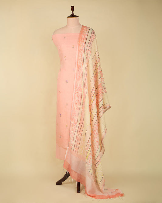 Peach Linen Suit with Resham Embroidered Butti and Digital Printed Dupatta