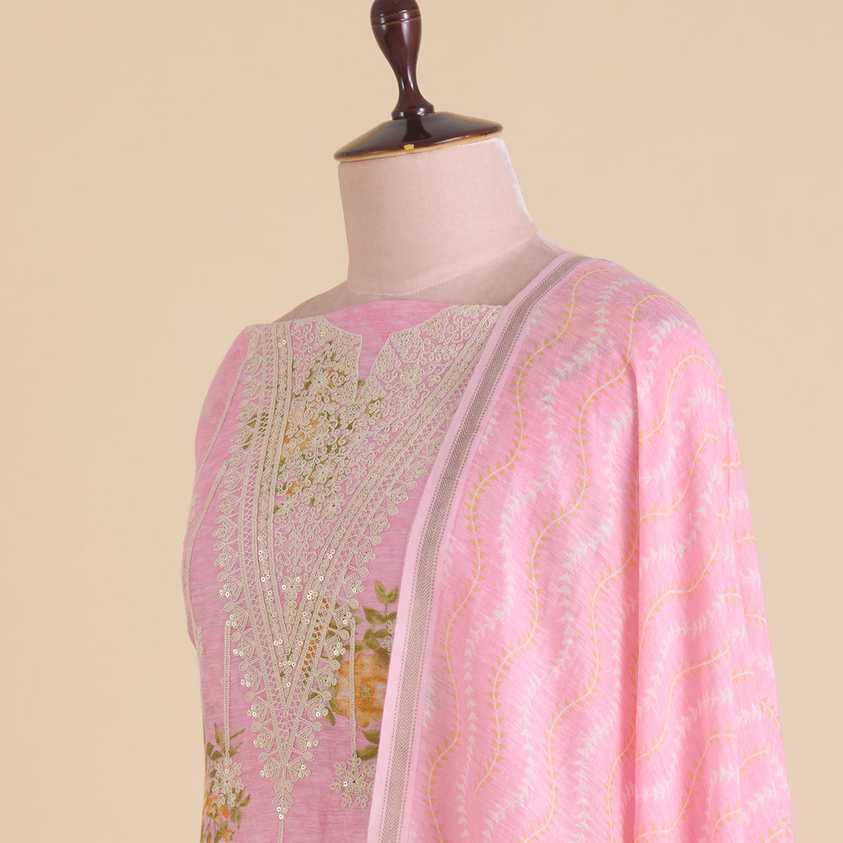 Pink Chanderi Linen Printed Kurta with Dori & Sequin Embroidery