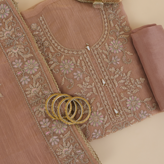 Peach Crush Tissue Embroidered Suit with Opada Silk Bottom
