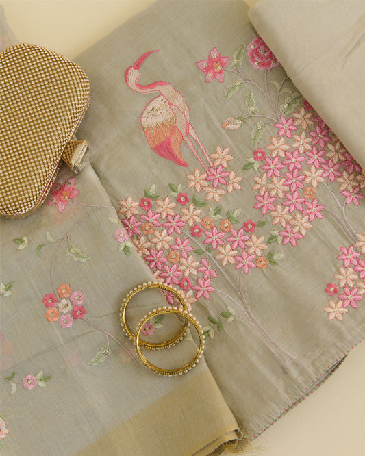 Pale Green Tissue Chanderi Kurta Set with Resham & Zari Embroidery