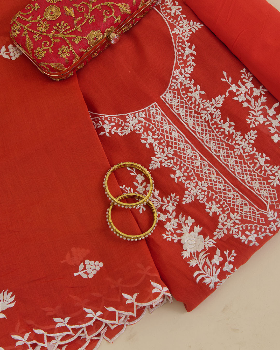Red Mal Chanderi Kurta with Resham Embroidery & Matching Dupatta by Vandana