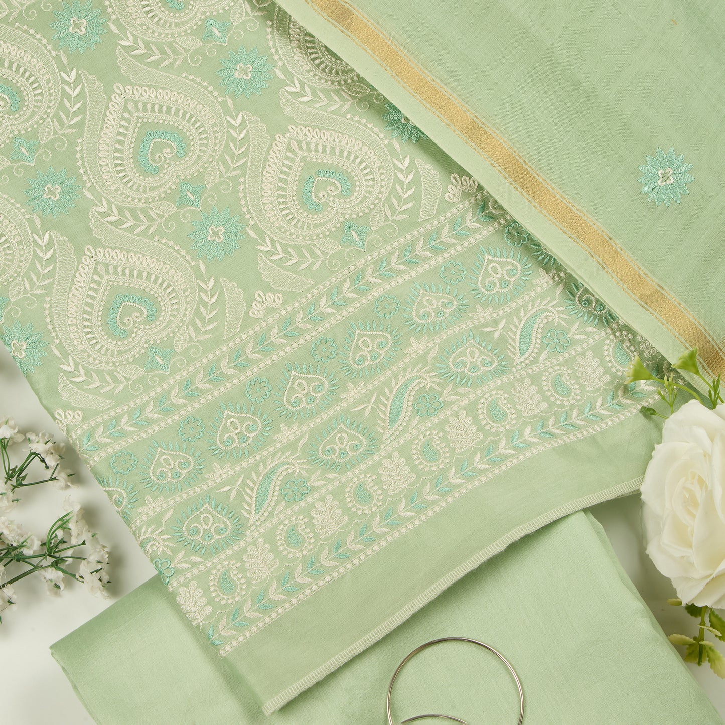 Sea Green Chanderi Resham Embroidered Suit with Dupatta