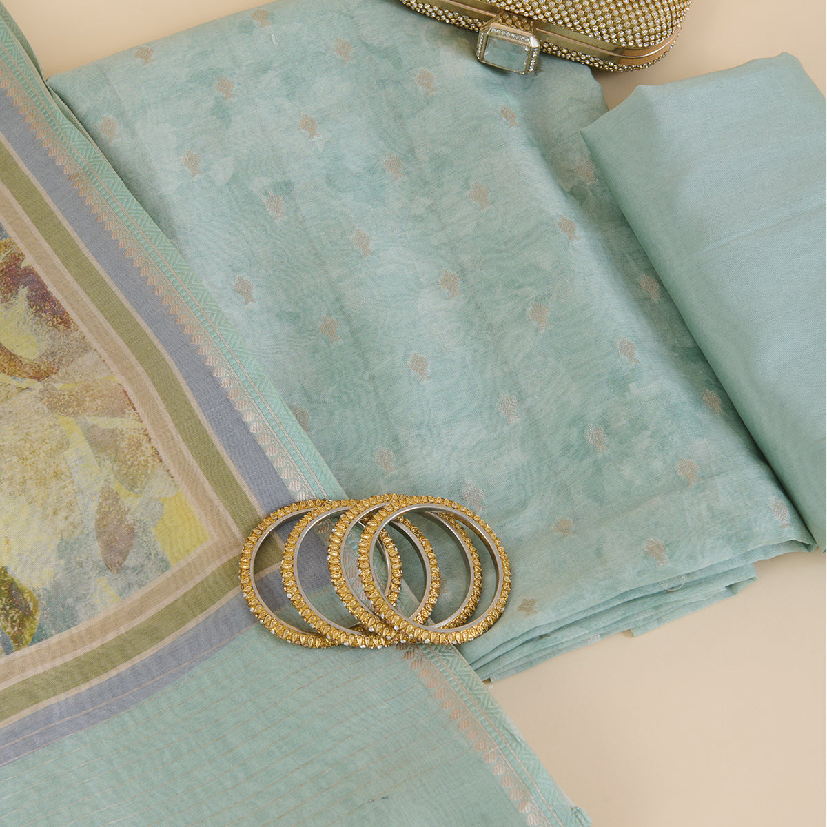 Sea Green Chanderi Woven Kantha Embroidered Kurta with Dupatta