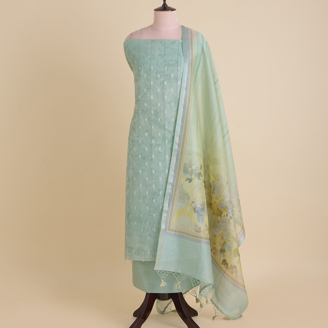 Sea Green Chanderi Woven Kantha Embroidered Kurta with Dupatta