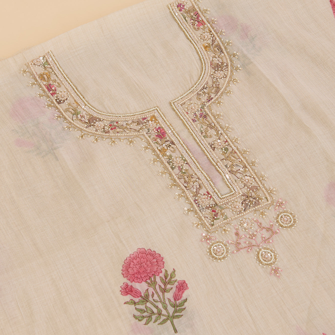 Tussar Chanderi Printed Suit with Pearl & Sequin Neck