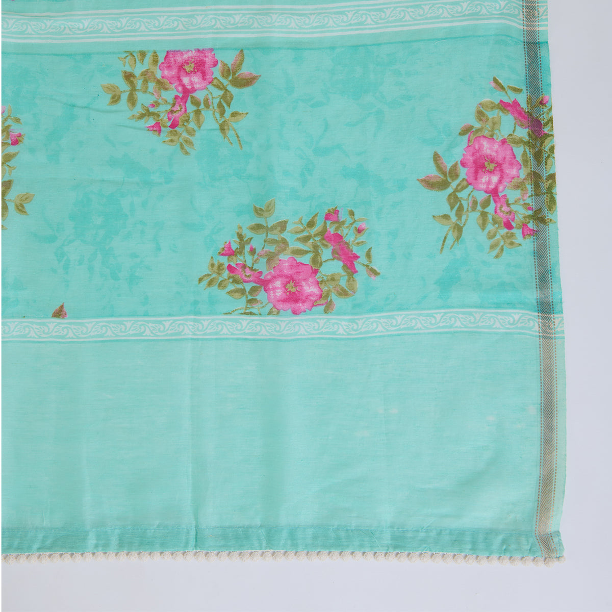 Turquoise Blue Chanderi Linen Printed Kurta with Embroidered Neck
