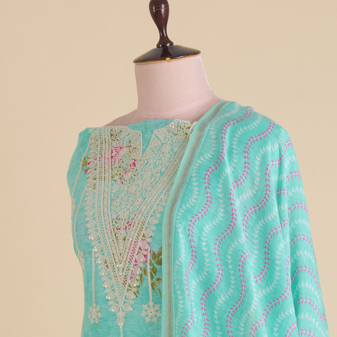Turquoise Blue Chanderi Linen Printed Kurta with Embroidered Neck