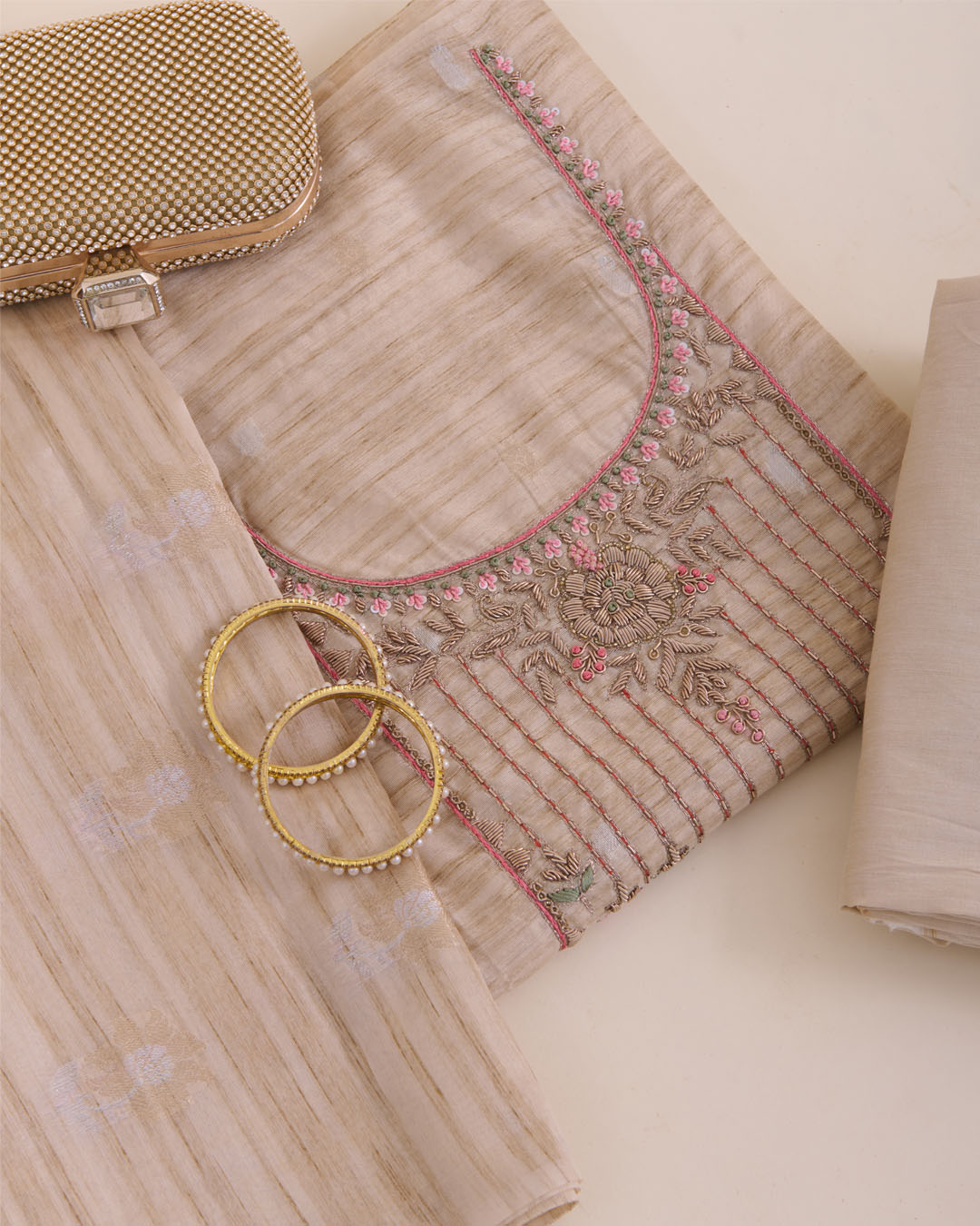 Tussar Chanderi Woven Suit with Zardosi, Sequin & Pearl Embroidery