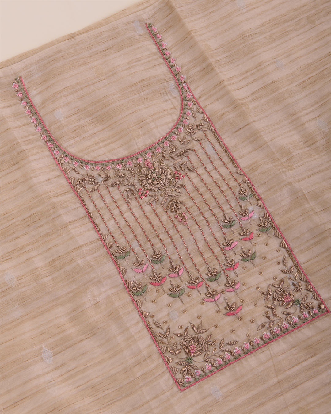 Tussar Chanderi Woven Suit with Zardosi, Sequin & Pearl Embroidery