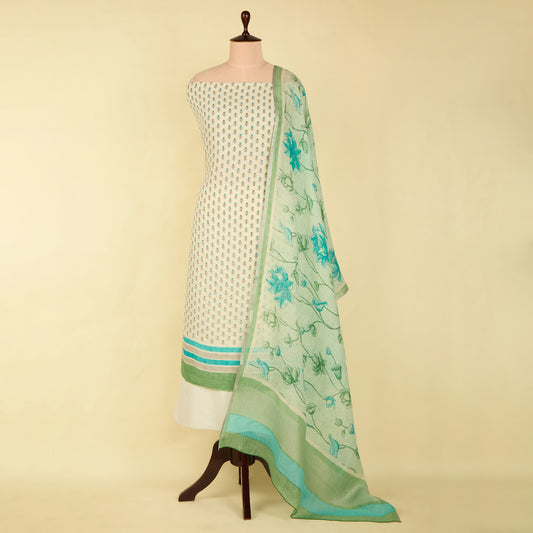 White And Green Cotton Linen Printed Suit with Dupatta