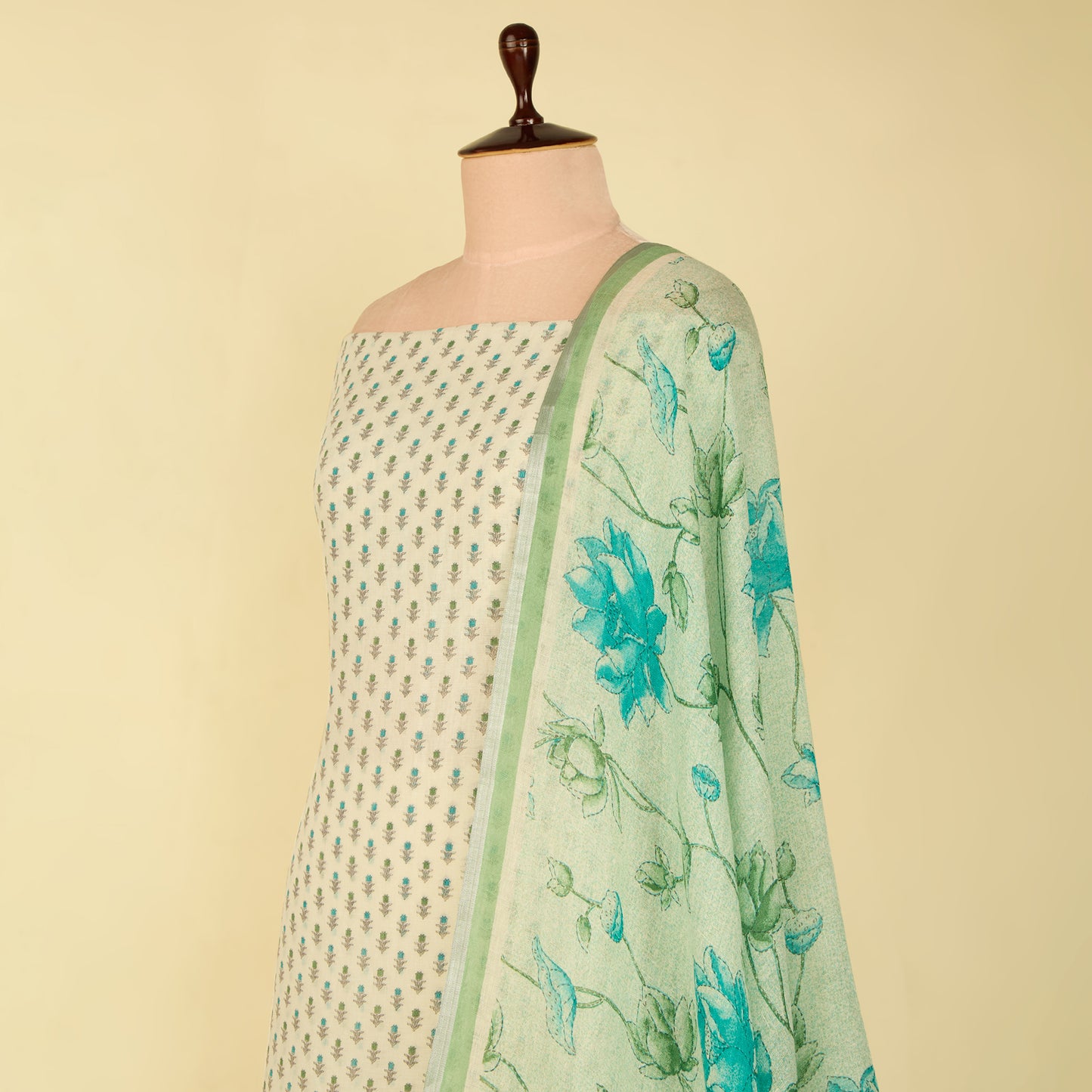 White And Green Cotton Linen Printed Suit with Dupatta