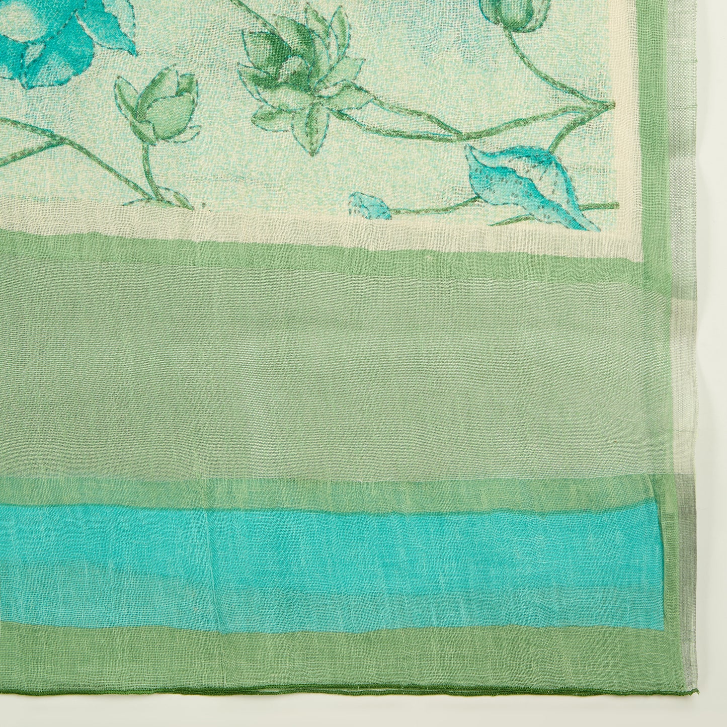 White And Green Cotton Linen Printed Suit with Dupatta