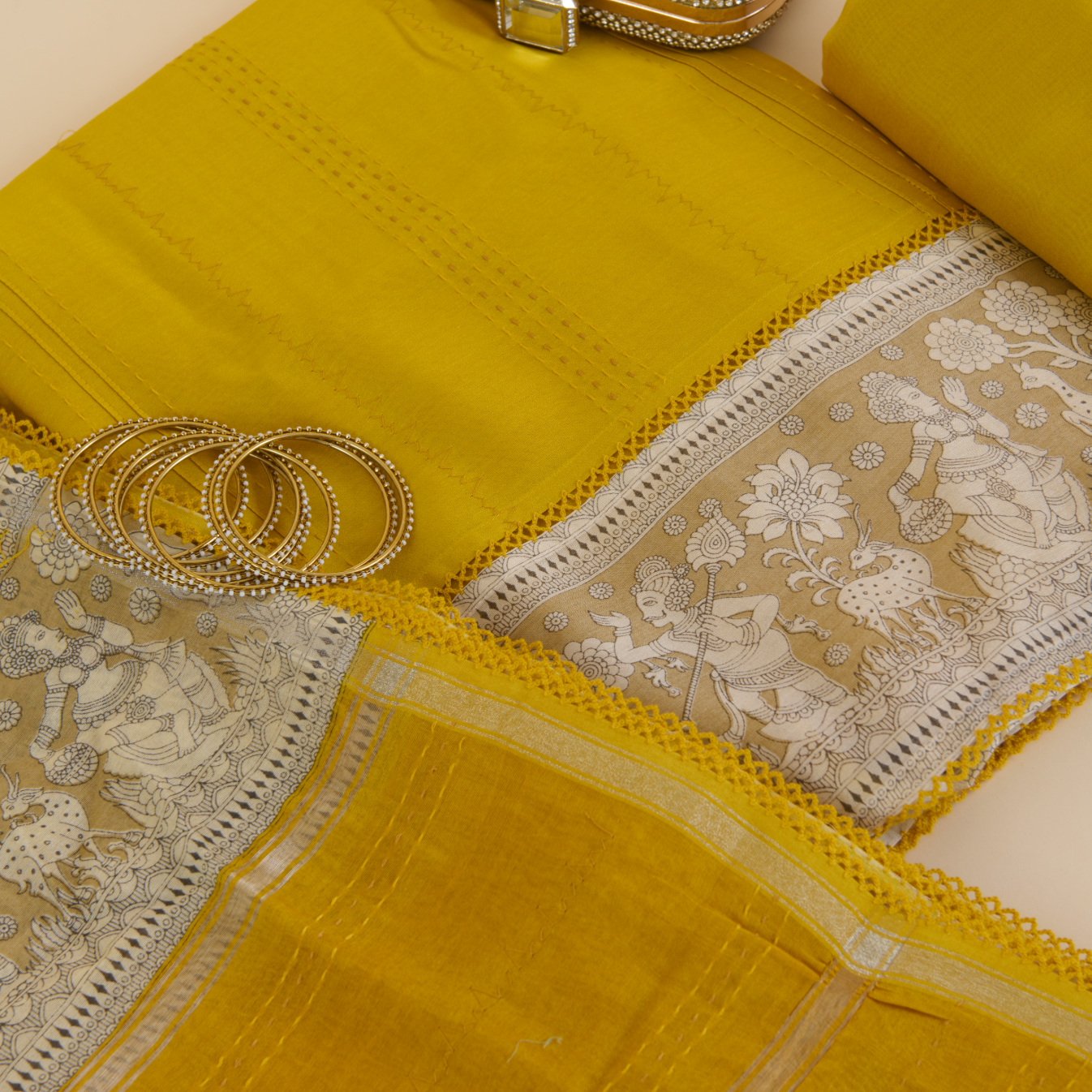 Yellow Chanderi Suit with Katha Stitch Daman & Printed Dupatta