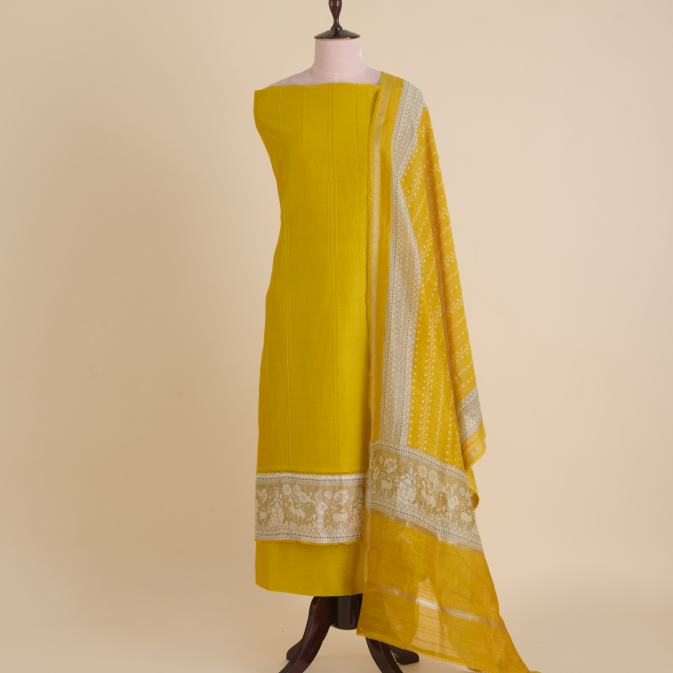 Yellow Chanderi Suit with Katha Stitch Daman & Printed Dupatta