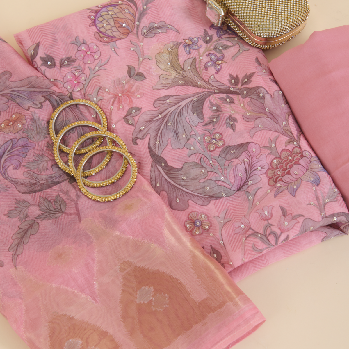 Pink Chanderi Woven Printed Kurta Set with Dupatta