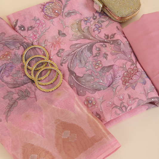 Pink Chanderi Woven Printed Kurta Set with Dupatta