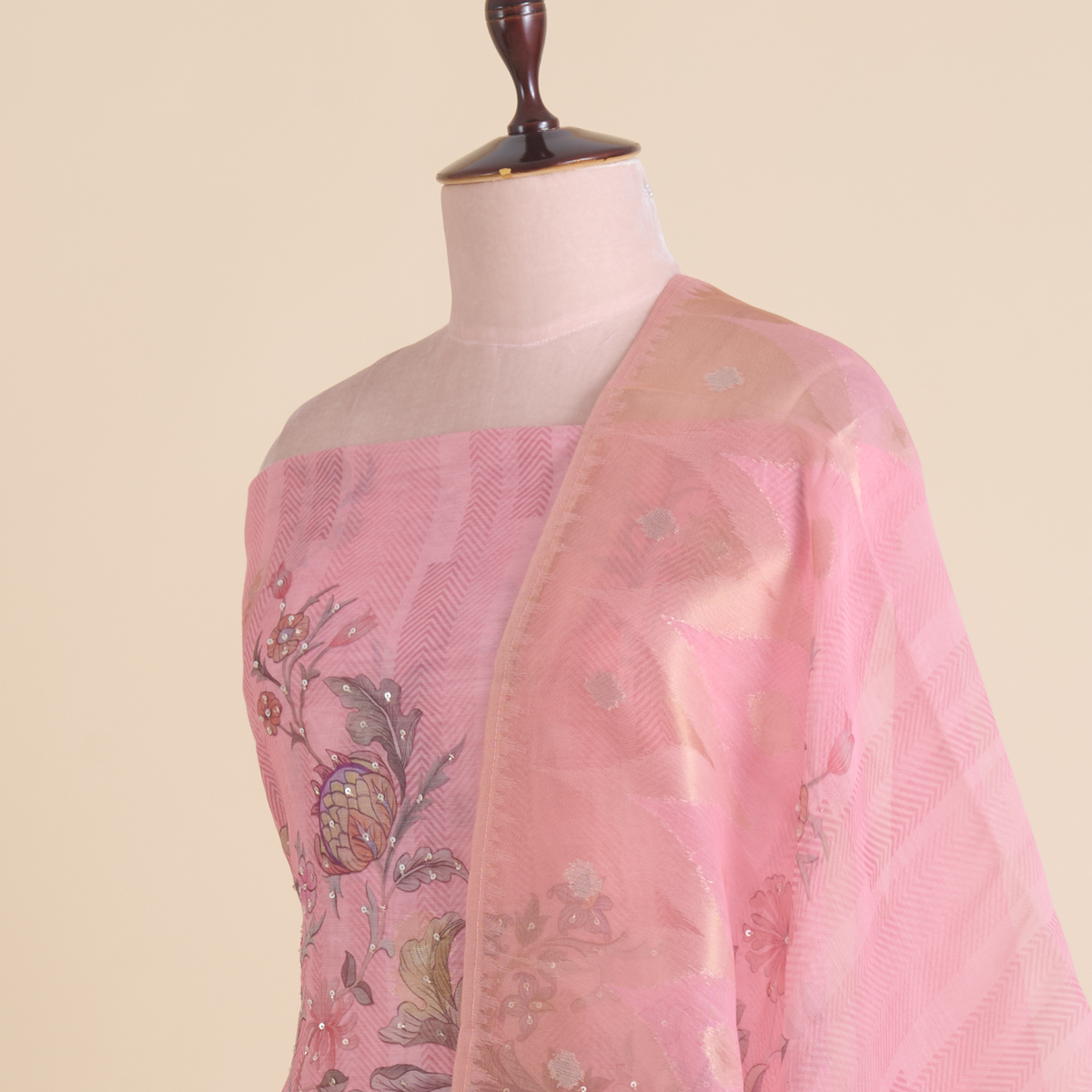 Pink Chanderi Woven Printed Kurta Set with Dupatta