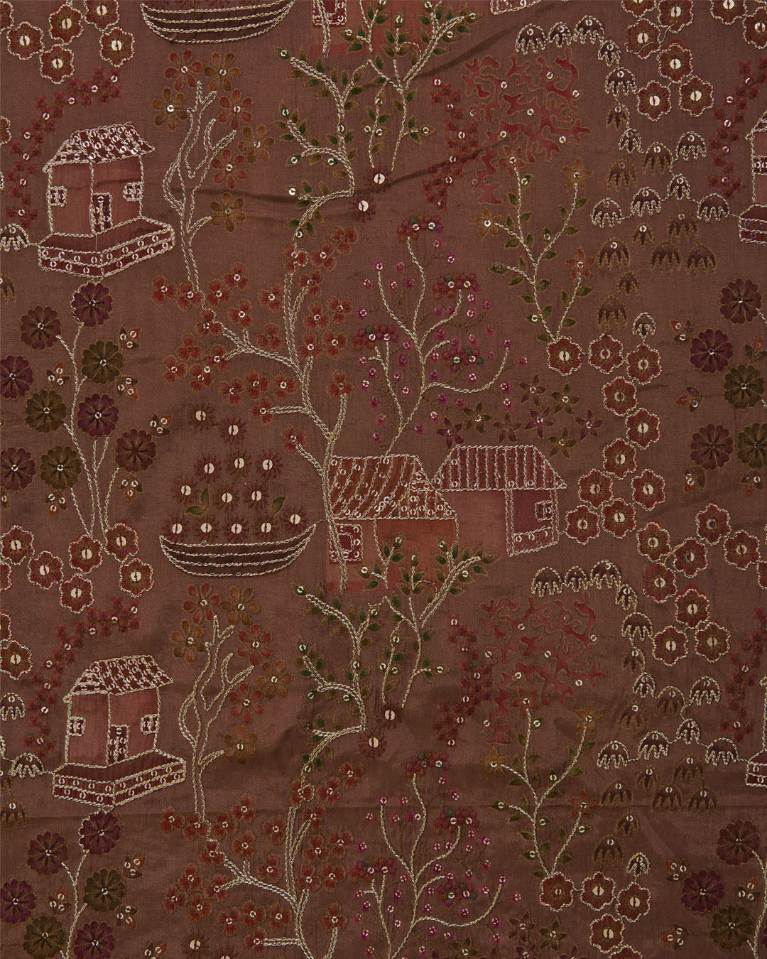Brown Dupion Silk with Jaal Buta Print & Sequin Kasab Work