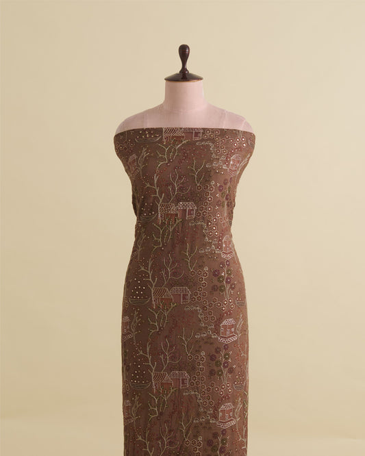 Brown Dupion Silk with Jaal Buta Print & Sequin Kasab Work