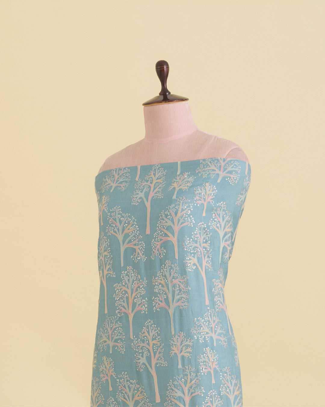 Dusty Blue Dupion Silk Printed Multi Resham Embroidery with Sequins Fabric