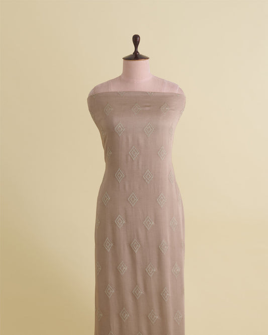 Dusty Brown Dupion Silk Ikat Stripe Fabric with Thread & Zari Embroidery