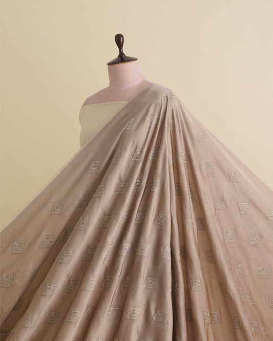 Dusty Brown Dupion Silk Ikat Stripe Fabric with Thread & Zari Embroidery