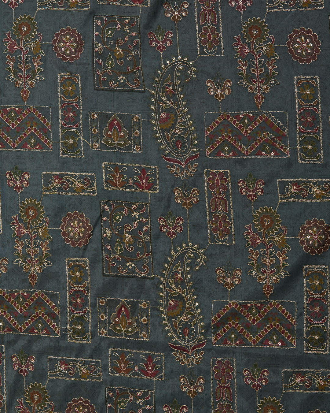 Dusty Green Dupion Silk Buta Printed Fabric with Sequins & Kasab Embroidery