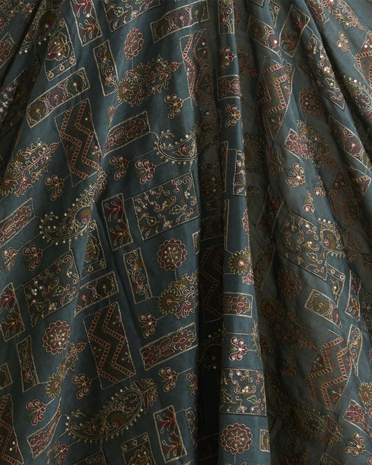 Dusty Green Dupion Silk Buta Printed Fabric with Sequins & Kasab Embroidery