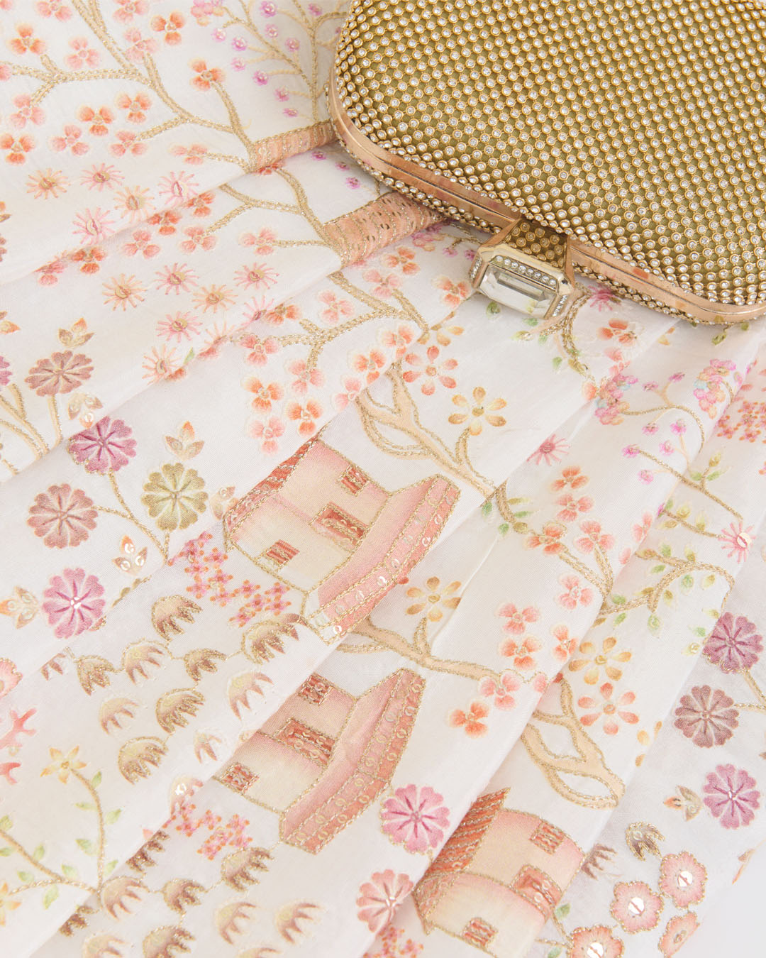 Dupion Silk Jaal Buta Printed Fabric with Sequins & Kasab Embroidery – Ivory