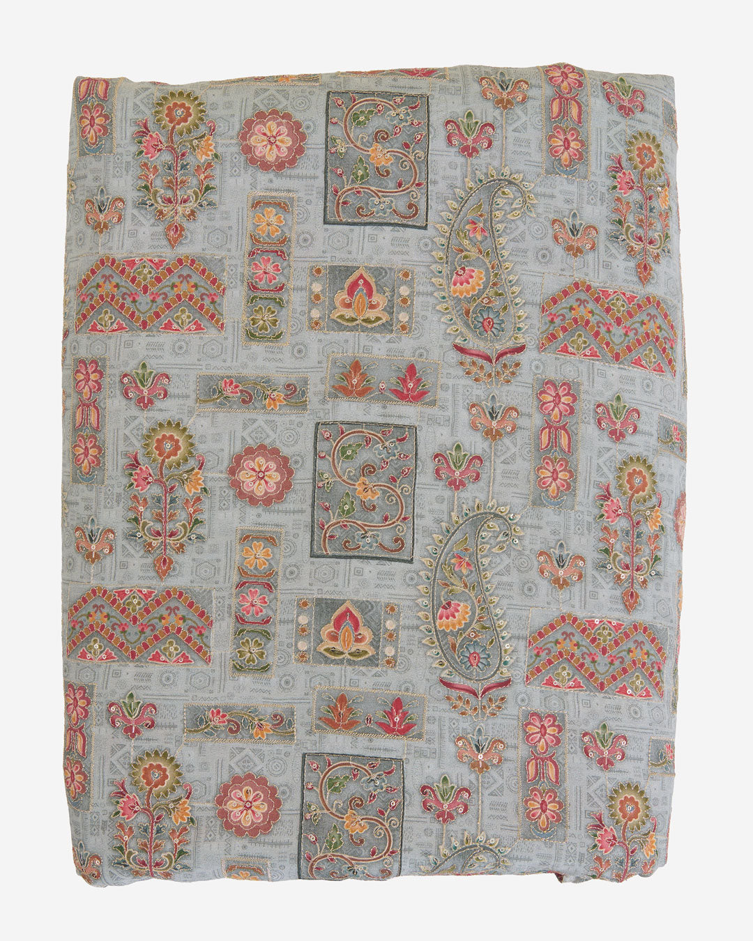 Light Grey Dupion Silk Fabric with Sequins & Kasab Embroidery