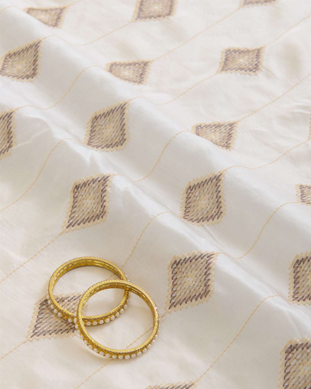 White Dupion Silk Thread Emb Ikat Stripes Fabric