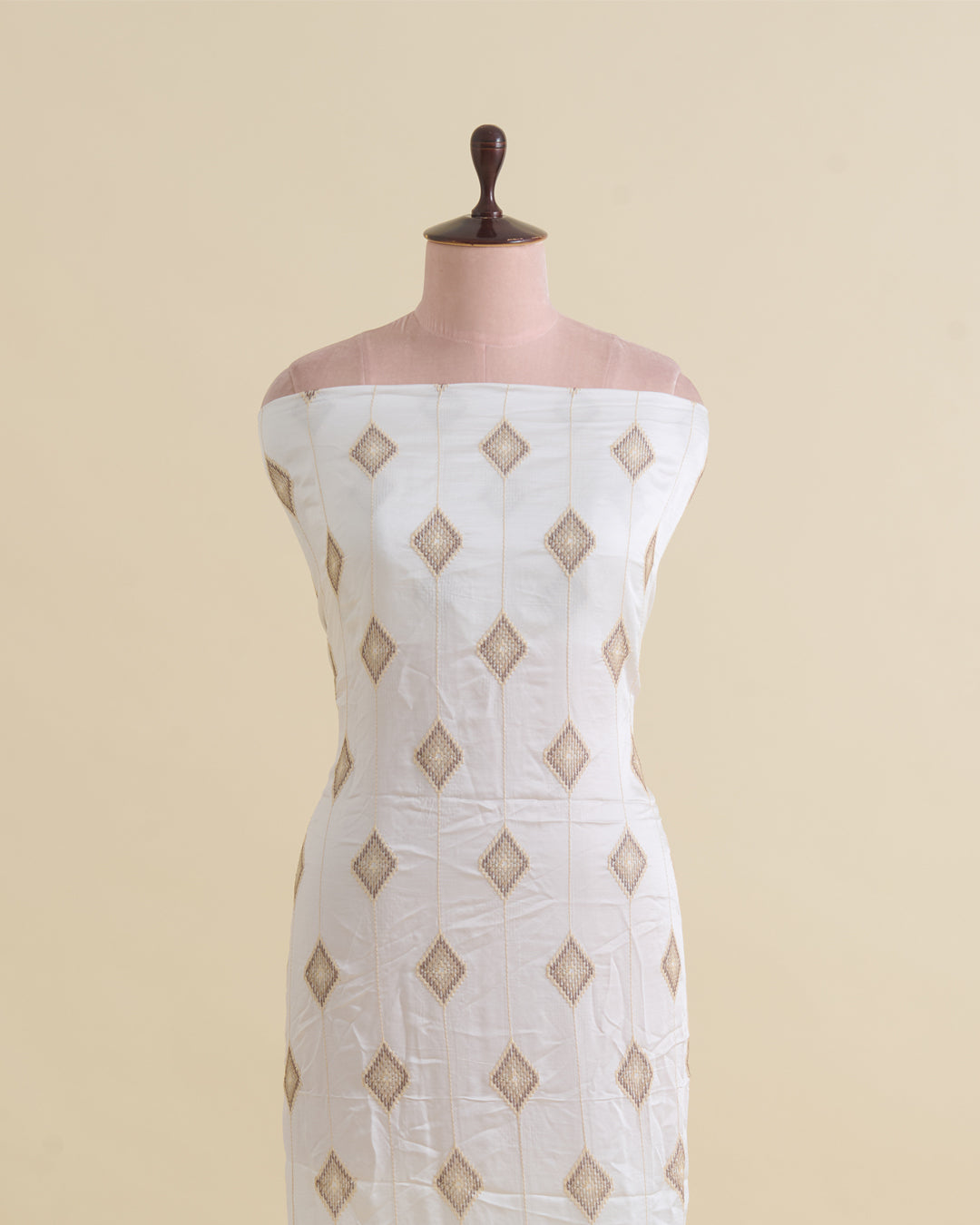 White Dupion Silk Thread Emb Ikat Stripes Fabric