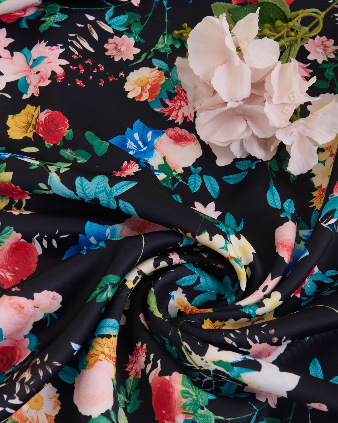 Dutch Satin Floral Printed Fabric – Black