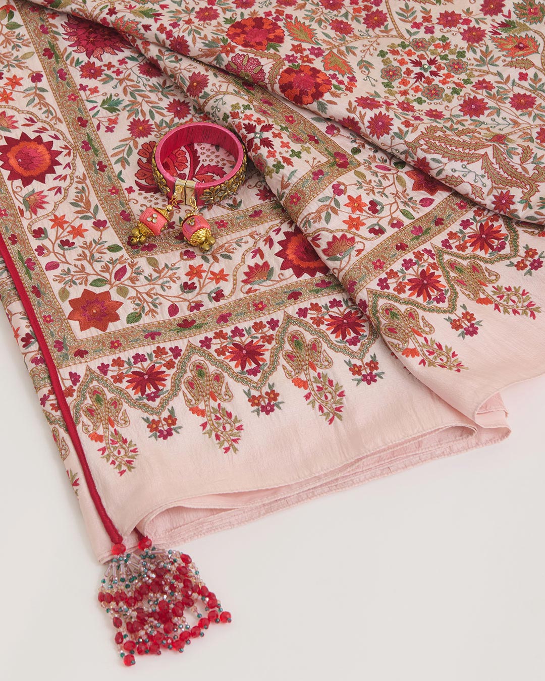 Light Peach Dupion Pure Kashmiri Hand Work Dupatta