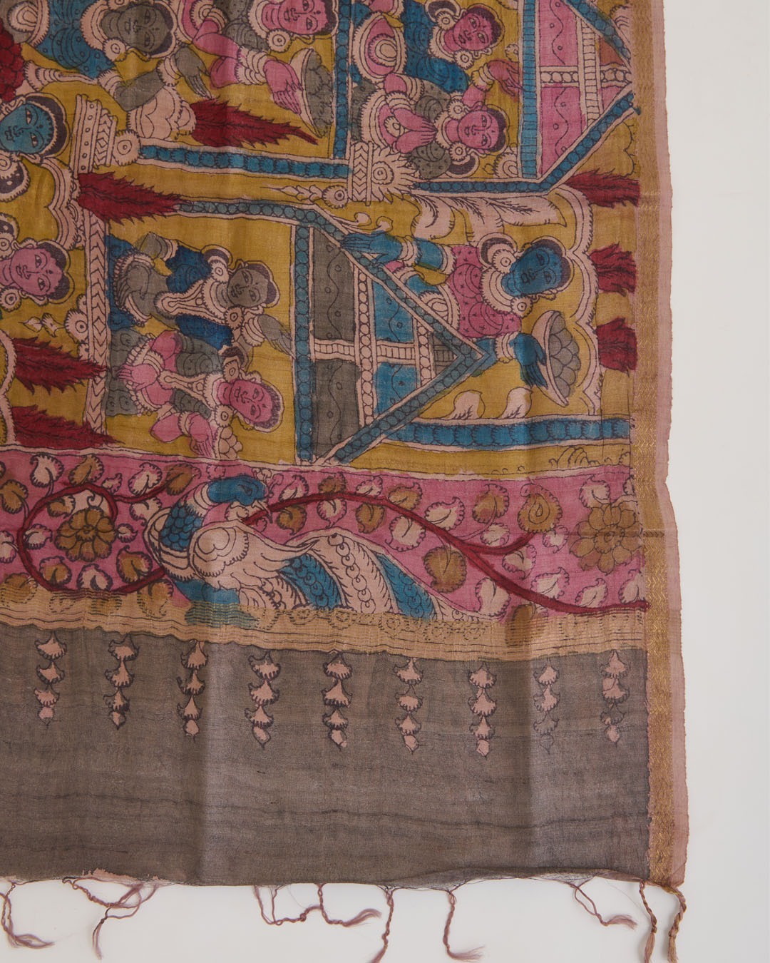 Mustard Desi Tussar Hand Figure Printed Dupatta