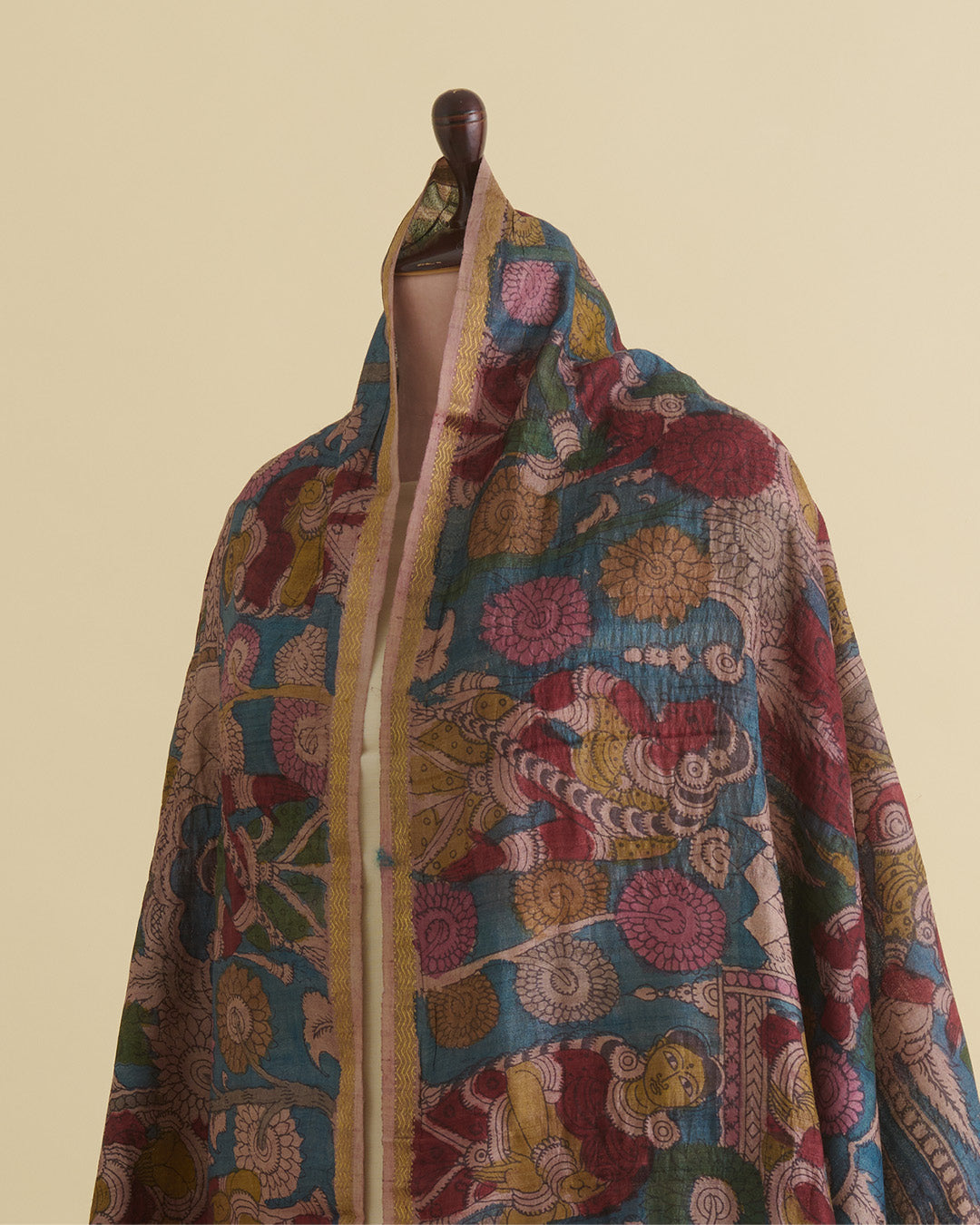 Petrol Blue Desi Tussar Hand Figure Printed Dupatta