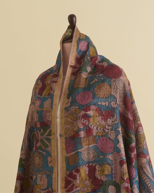 Petrol Blue Desi Tussar Hand Figure Printed Dupatta