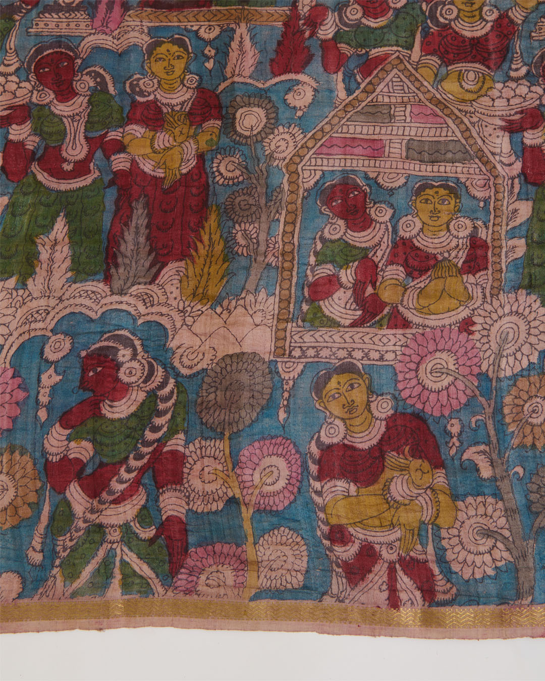 Petrol Blue Desi Tussar Hand Figure Printed Dupatta