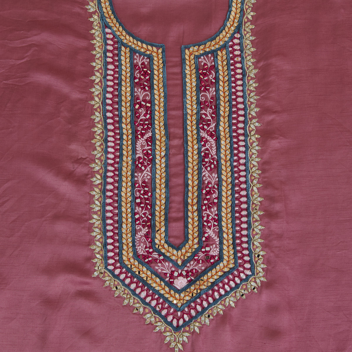 Onion Pink Dupion Satin Resham Mirror Embroidered Kurta Fabric