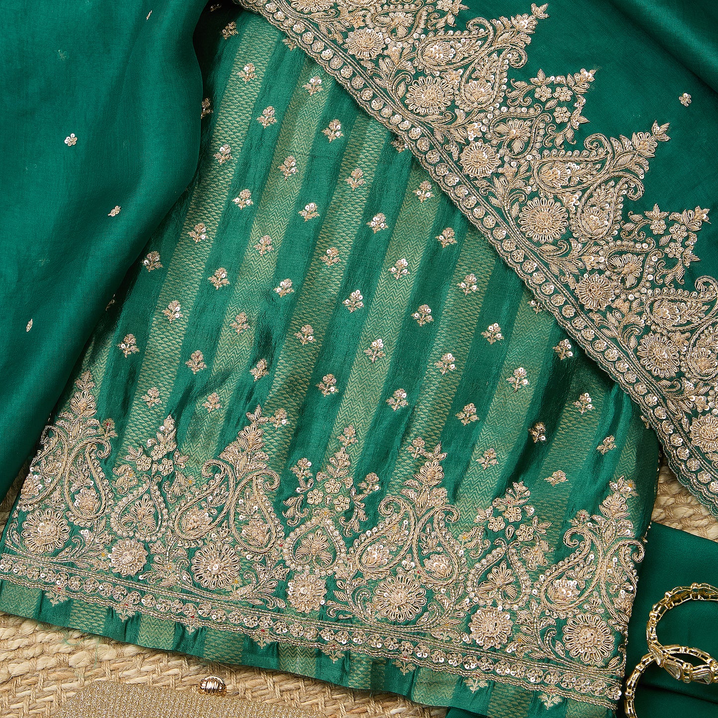 Bottle Green Chiniya Silk Embroidered Kurta Set with Dupatta