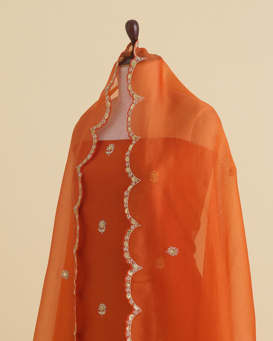 Orange Silk Dupion Kurta Set with Zardosi, Dori & Sequin Embroidery