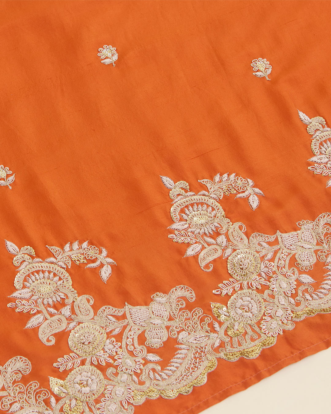 Orange Silk Dupion Kurta Set with Zardosi, Dori & Sequin Embroidery