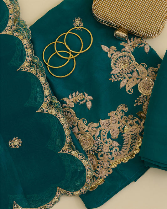 Peacock Green Dupion Silk Kurta Set with Zardozi & Organza Dupatta